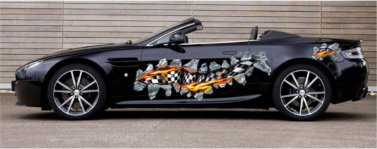 checkers & flames vinyl decals on black car